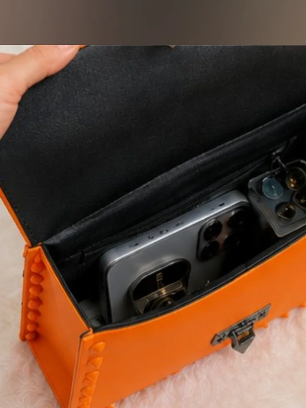 Orange Studded Top-Handle Women's Bag With Adjustable Straps As A Crossbody
